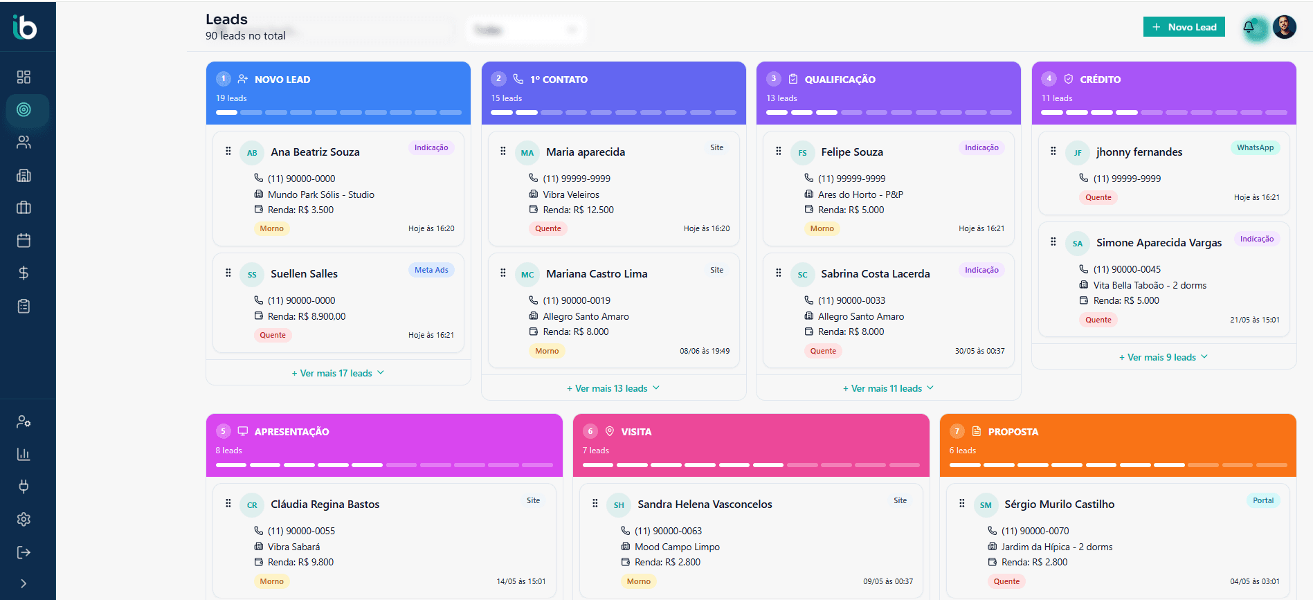 Kanban de leads do Imobit com cards arrastáveis organizados por etapa do funil